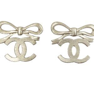 Chanel Light Gold Ribbon Bow CC Clip on Earrings